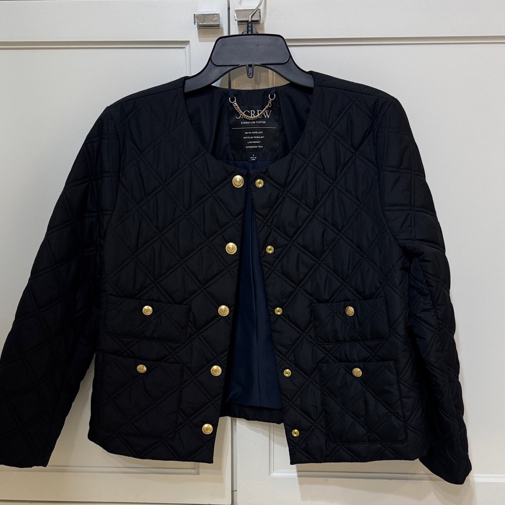 J. Crew Black Quilted Utility Jacket with Gold Buttons